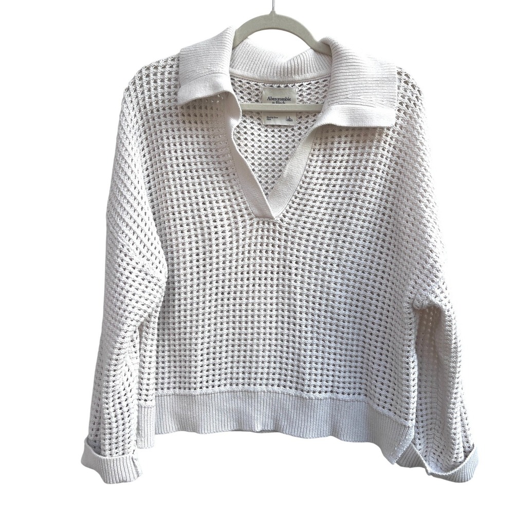 Abercrombie & Fitch Off White Crochet Sweater Women Large Open Knit Polo Coastal